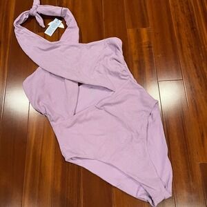 JMP One Piece Swimsuit Lavender Purple Textured Plunge Cross Neck Tie New Large